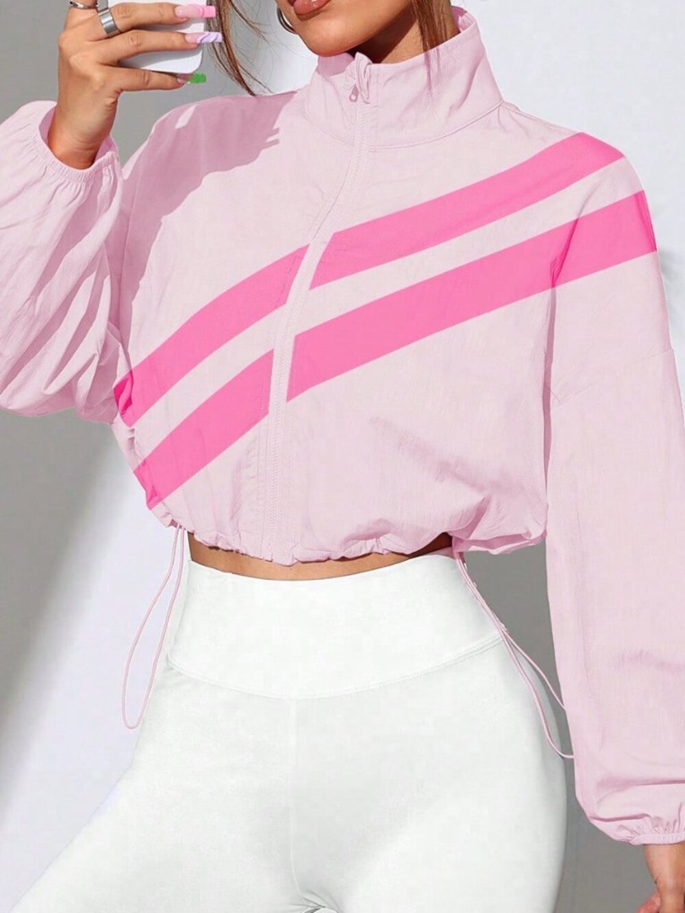 Multicolor Casual Women's Colorblock Full Zip Drawstring Hem Sports Jacket